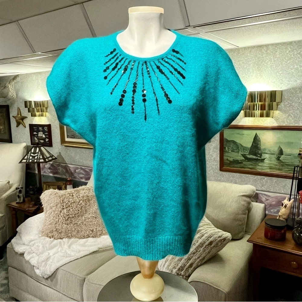 Vintage APHRODITE Silk Angora Teal Green Sweater Size M Sequins Bead Embellished